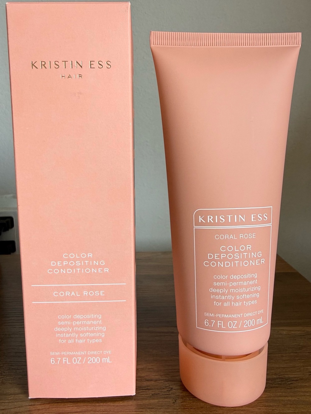 Kristin Ess Hair Color Depositing Conditioner in Coral Rose.